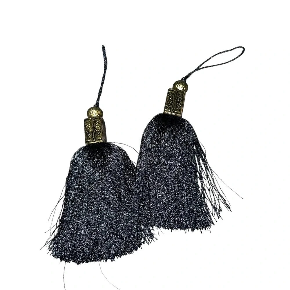 Vintage Black‎ Tassel Pair Brass Caps Gothic Victorian Decor Trim